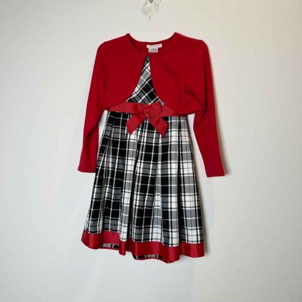 Bonnie Jean Girls Red Black White Plaid Holiday Dress and Shrug Set Size 6X